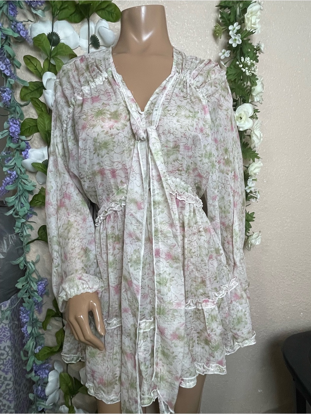 70F/21CFloral Tie-Front Mini Dress in White, Pink & Green